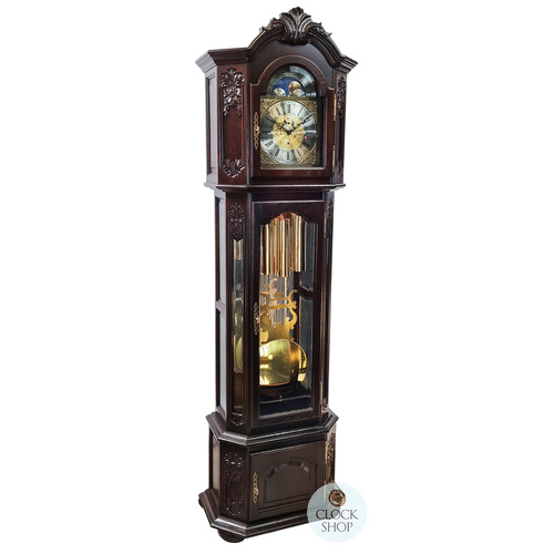 219cm Dark Oak Grandfather Clock With Westminster Chime & Moon Dial