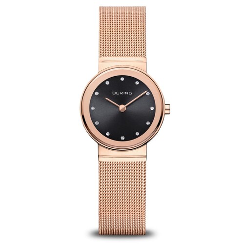 26mm Classic Collection Womens Watch With Black Dial, Rose Gold Milanese Strap, Case & Swarovski Elements By BERING