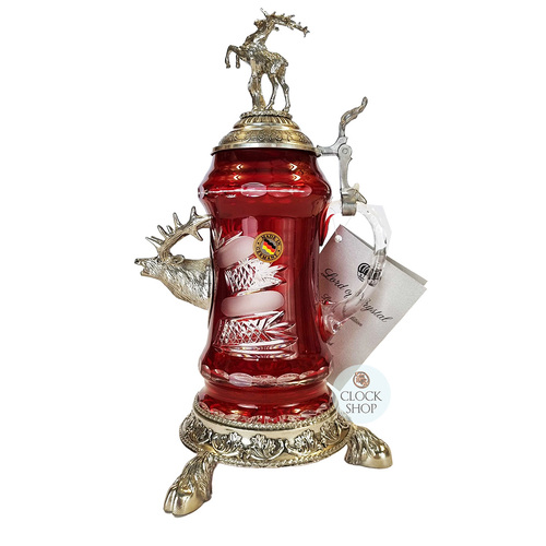 Lord Of Crystal Red Glass Beer Stein With Stag On Pewter Lid 0.5L By KING