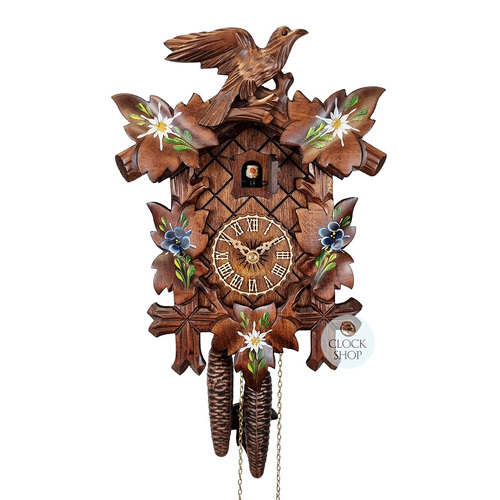 5 Leaf & Bird 1 Day Mechanical Carved Cuckoo Clock With Flowers 28cm By HÖNES