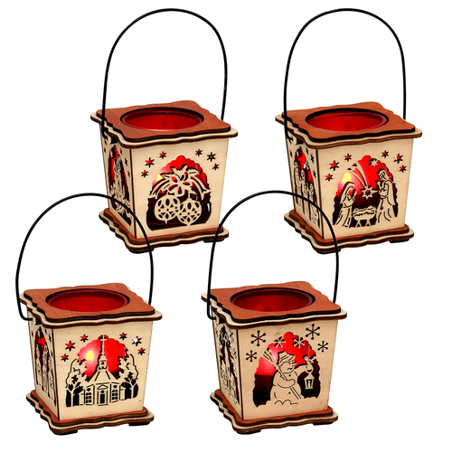 14cm Red Wood Laser Cut Tealight Lantern- Assorted Designs image