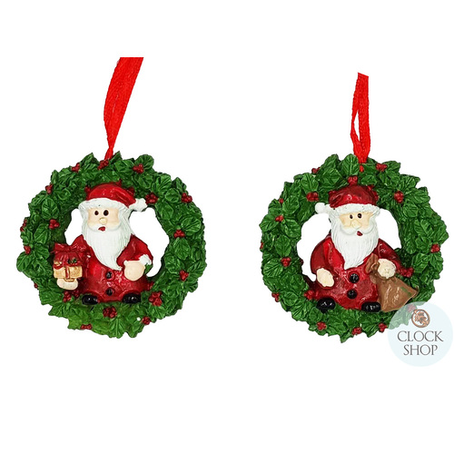 5.5cm Santa In Wreath Hanging Decoration- Assorted Designs