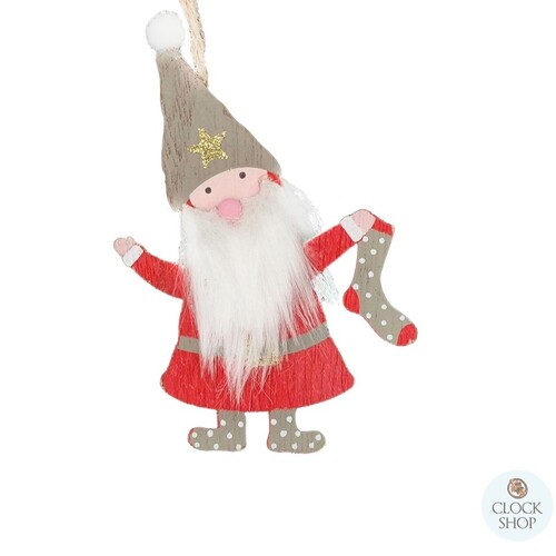 12cm Gnome Holding Sock Wooden Hanging Decoration