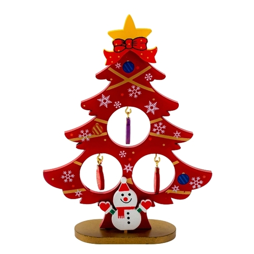 14cm Red Wooden Christmas Tree With Snowman