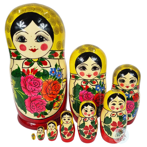 Semenov Russian Dolls- Yellow Scarf & Red Dress 22cm (Set Of 9) image