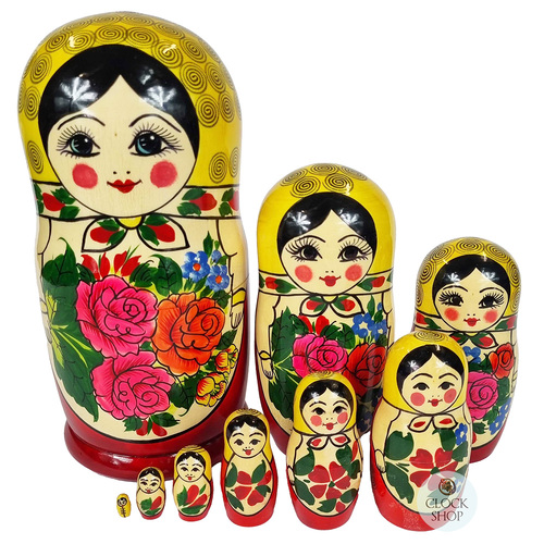 Semenov Russian Dolls- Yellow Scarf & Red Dress 22cm (Set Of 9)