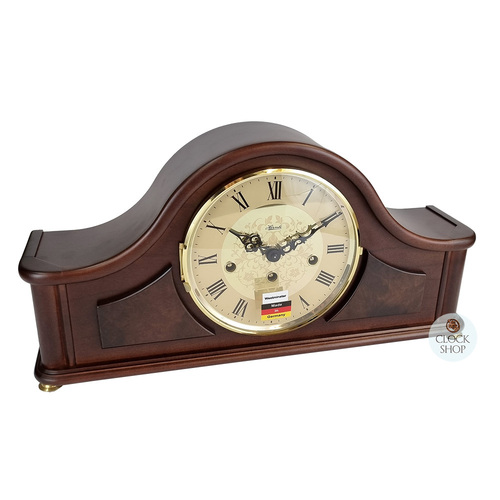 18cm Walnut Mechanical Tambour Mantel Clock With Westminster Chime & Gold Dial By HERMLE