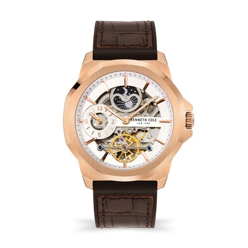 Rose Gold Skeleton Automatic Watch With Brown Leather Band  By KENNETH COLE