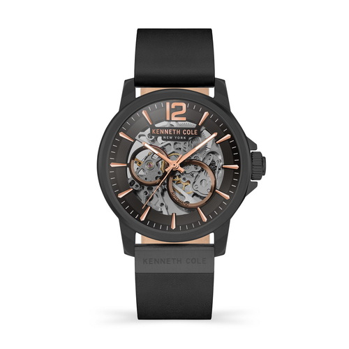 44mm Black & Rose Gold Automatic Mens Watch With Skeleton Dial & Black Leather Band By KENNETH COLE image