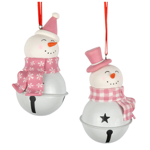 10cm Pink & White Bell Snowman Hanging Decoration- Assorted Designs