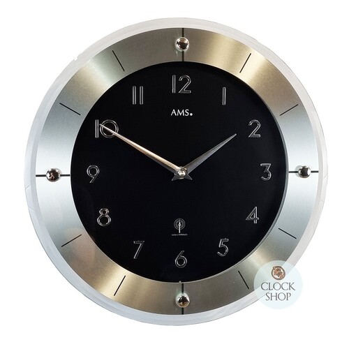 31cm Black & Silver Round Glass Wall Clock By AMS