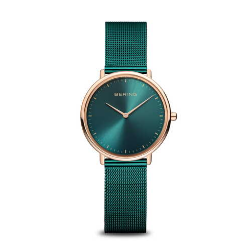 29mm Ultra Slim Collection Womens Watch With Green Dial, Green Milanese Strap & Rose Gold Case By BERING