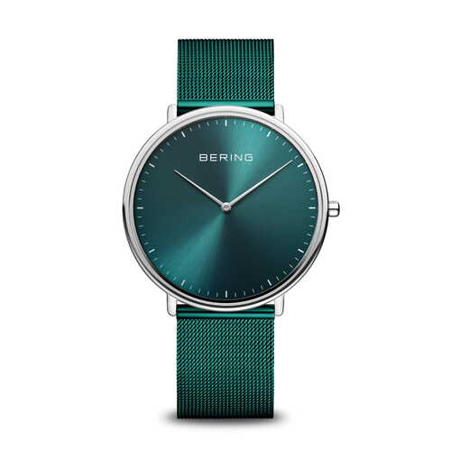 39mm Ultra Slim Collection Unisex Watch With Green Dial, Green Milanese Strap & Silver Case By BERING