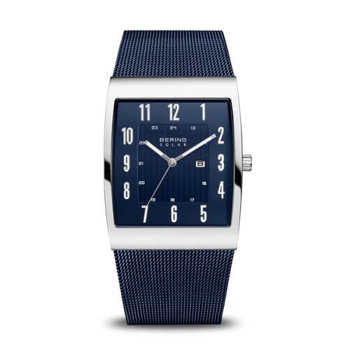 33mm Solar Collection Mens Watch With Blue Dial & Milanese Strap & Silver Rectangular Case By BERING image