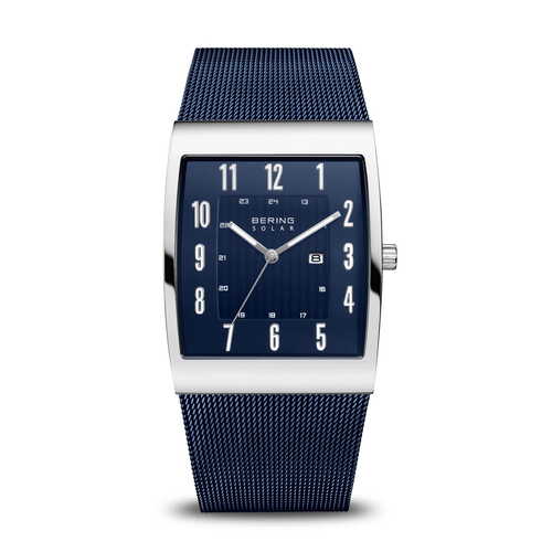 33mm Solar Collection Mens Watch With Blue Dial, Blue Milanese Strap & Silver Rectangular Case By BERING