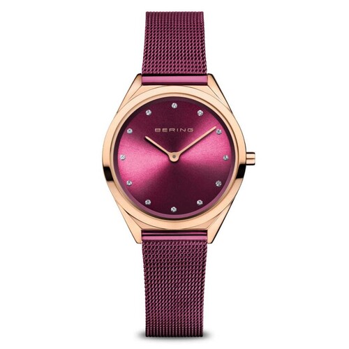 31mm Ultra Slim Collection Womens Watch With Purple Dial, Purple Milanese Strap & Rose Gold Case By BERING