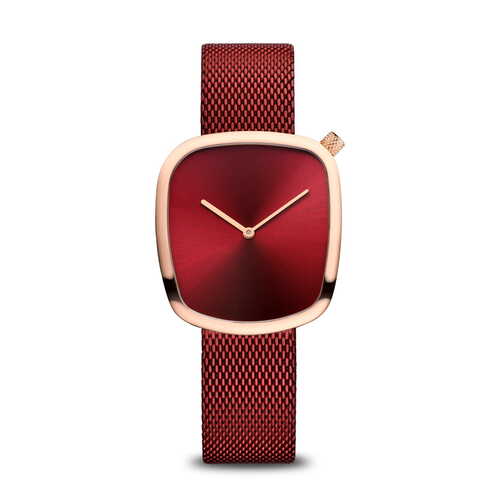 34mm Pebble Collection Womens Watch With Red Dial & Milanese Strap & Rose Gold Case By BERING image
