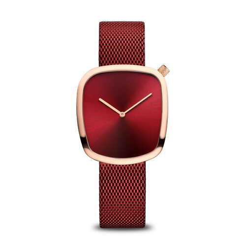 34mm Pebble Collection Womens Watch With Red Dial, Red Milanese Strap & Rose Gold Case By BERING