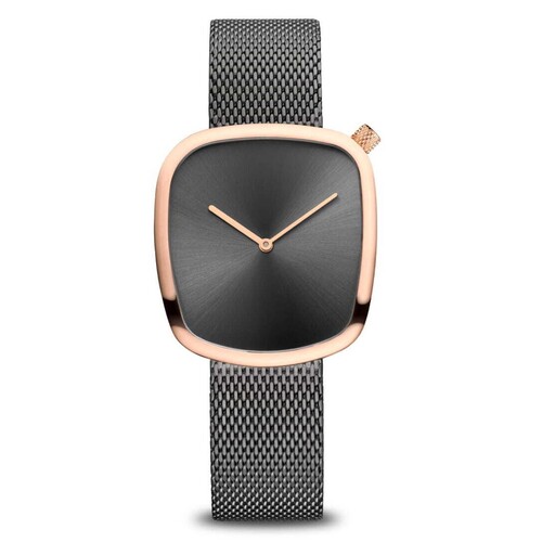 34mm Pebble Collection Womens Watch With Grey Dial, Grey Milanese Strap & Rose Gold Case By BERING