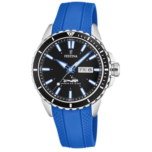 Divers Watch Black Dial with Blue Rubber Strap - FESTINA 