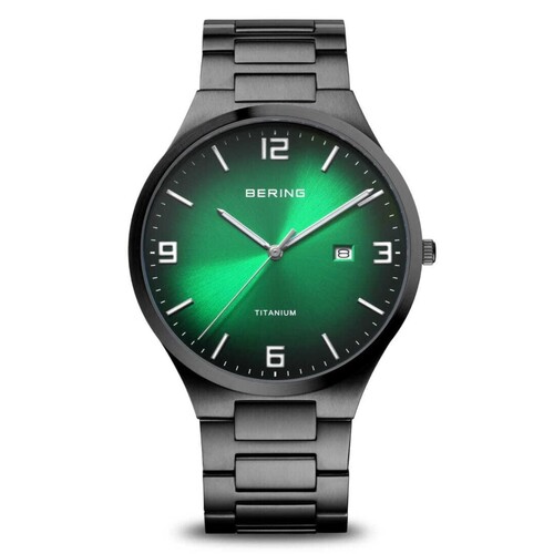 40mm Titanium Collection Mens Watch With Green Dial, Black Titanium Strap & Case By BERING