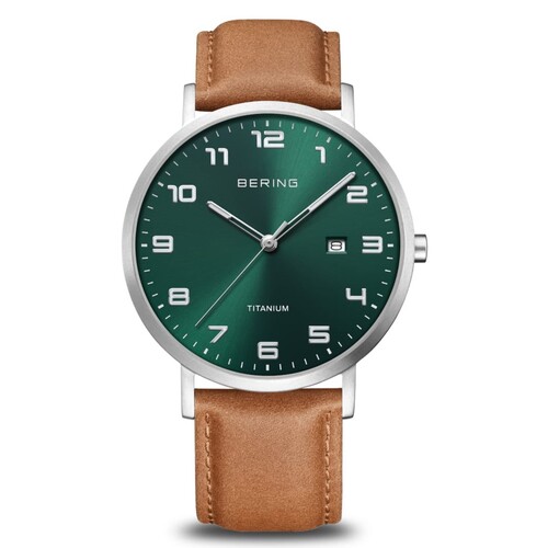 40mm Titanium Collection Mens Watch With Green Dial & Tan Leather Strap & Silver Case By BERING image