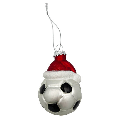 6.7cm Glass Soccer Ball with Santa Hat Hanging Decoration