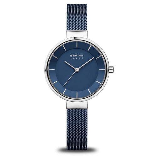 31mm Solar Collection Womens Watch With Blue Dial, Blue Milanese Strap & Silver Case By BERING