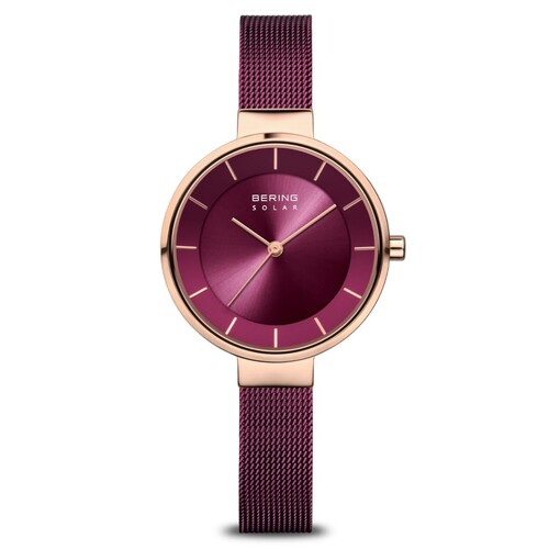 31mm Solar Collection Womens Watch With Purple Dial, Purple Milanese Strap & Rose Gold Case By BERING