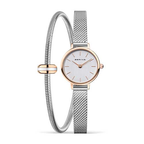 Gift Set- 22mm Classic Collection Silver & Rose Gold Womens Watch With Bracelet By BERING