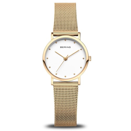 26mm Classic Collection Womens Watch With White Dial & Gold Milanese Strap & Gold Case By BERING image