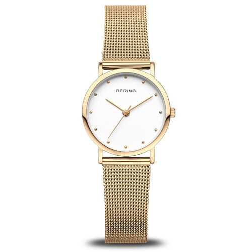 26mm Classic Collection Womens Watch With White Dial, Gold Milanese Strap & Gold Case By BERING