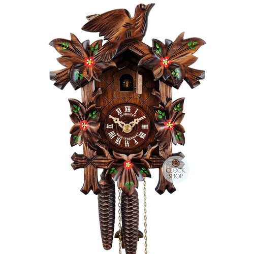 5 Leaf & Bird 1 Day Mechanical Carved Cuckoo Clock With Hand Painted Flowers 23cm By SCHNEIDER