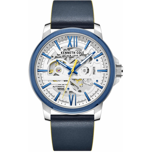 Silver Automatic Skeleton Watch with Blue & Yellow Leather Band By KENNETH COLE