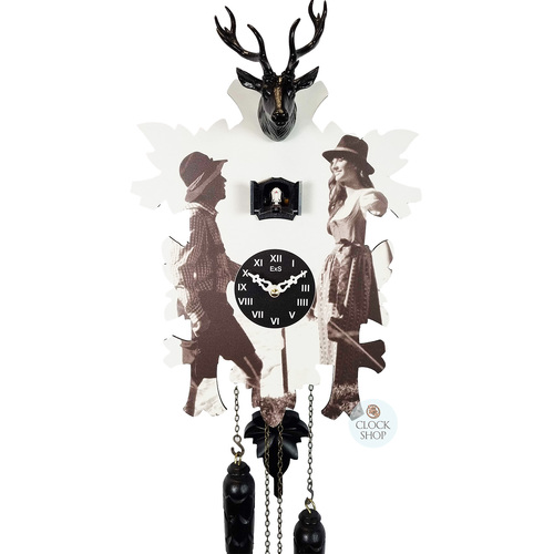 5 Leaf & Deer Battery Printed Cuckoo Clock With Black Forest Couple Print 20cm By TRENKLE