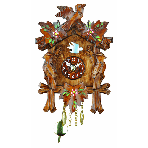 Birds & Leaves Mechanical Carved Clock With Painted Flowers 16cm By TRENKLE