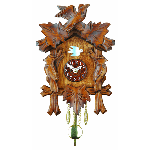 5 Leaf & Bird Mechanical Carved Clock 16cm By TRENKLE