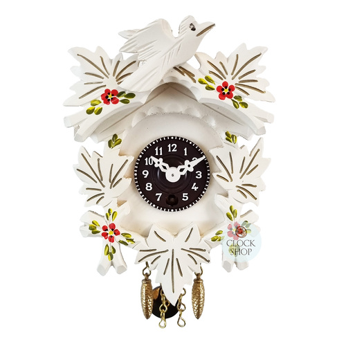 5 Leaf & Bird Mechanical Carved Clock White & Floral 14cm By TRENKLE