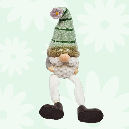 Chive Bramblepuff | 19cm Ceramic Gnome With Stripey Mint Green Flower Hat