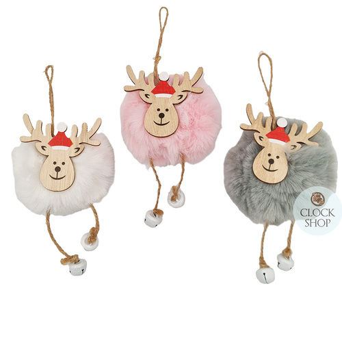 14cm Fluffy Reindeer With Bell Legs Hanging Decoration- Assorted Designs