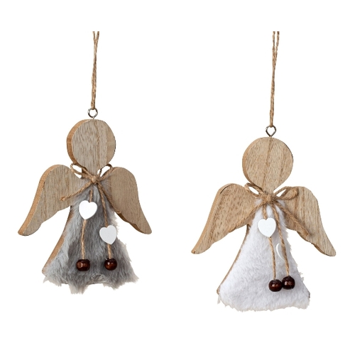 13cm Wooden Fluffy Angel Hanging Decoration- Assorted Designs