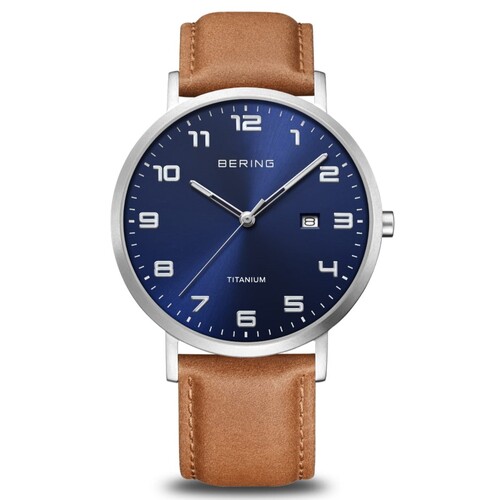 40mm Titanium Collection Mens Watch With Blue Dial, Tan Leather Strap & Silver Case By BERING