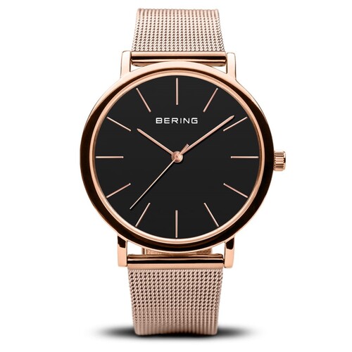 36mm Classic Collection Womens Watch With Black Dial, Rose Gold Milanese Strap & Case By BERING