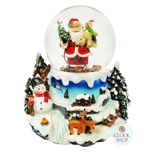 20cm Musical Snow Globe With LED & Santa Holding Teddy (8 Christmas Tunes)
