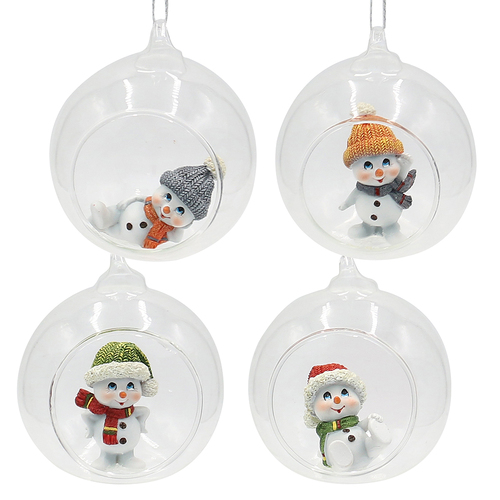 8.5cm Snowman In Glass Bauble Hanging Decoration- Assorted Designs