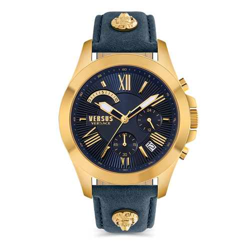 Chrono Lion Gold Watch With Blue Dial & Leather Strap By VERSACE