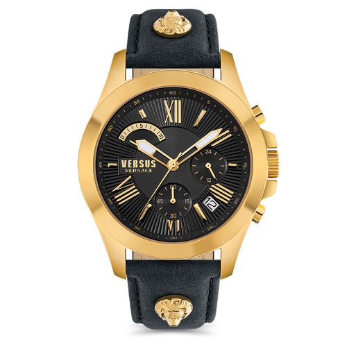 Chrono Lion Gold Watch With Black Dial & Leather Strap By VERSACE