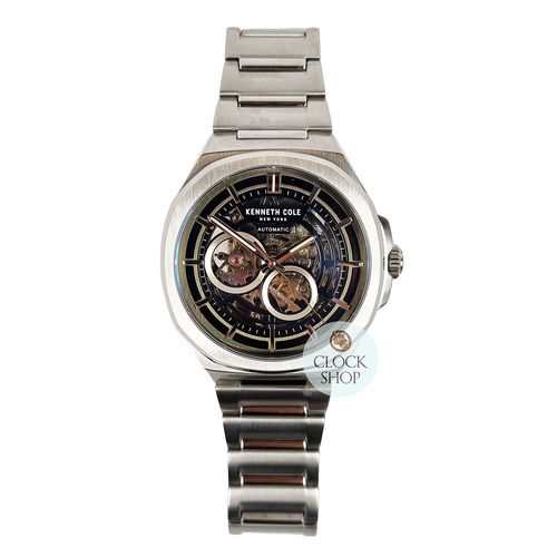 Silver Skeleton Automatic Watch With Black Dial and Stainless Steel Bracelet  By KENNETH COLE