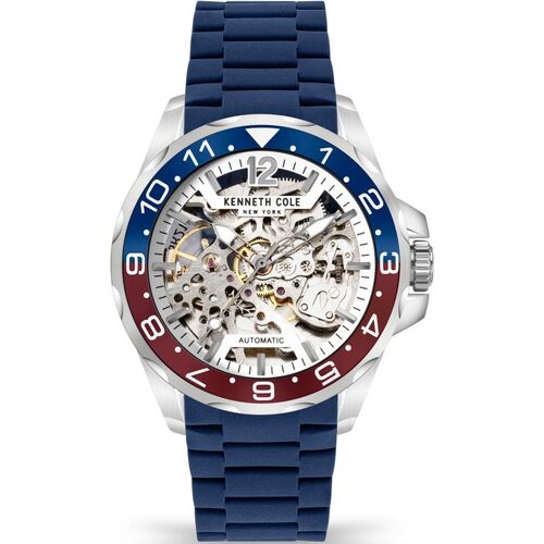 43mm Silver Automatic Mens Watch With Skeleton Dial & Blue Silicone Band By KENNETH COLE image