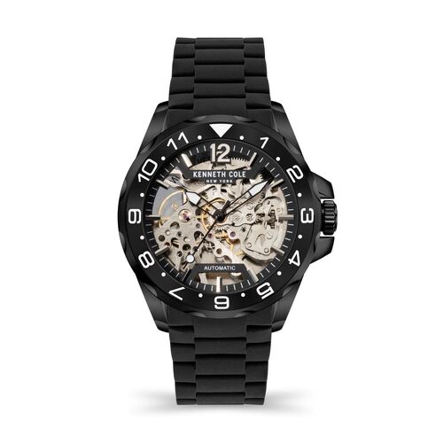 Gun Metal Skeleton Automatic Watch with Black Ribbed Silicone Band BY KENNETH COLE